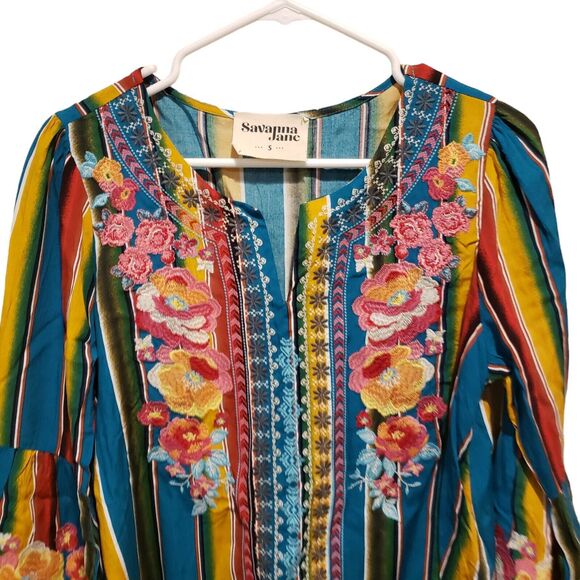 Savanna Jane Size Small Serape Stripe Embroidered Bell Sleeve Boho Tunic Blouse - Picture 2 of 9